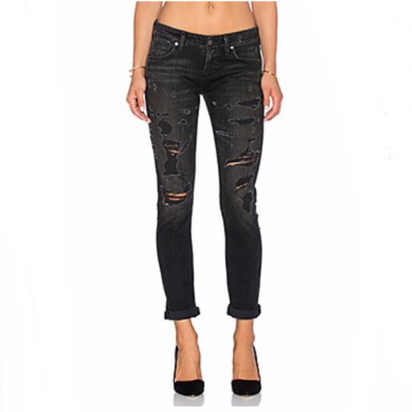 NWT AGOLDE Jeans Chloe Low Rise Slim Faded Destroyed Jeans Liverpool Black Sz 26 - Picture 1 of 16